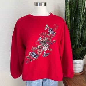 Vintage Red Floral Bird Sweatshirt Cozy Fall Grandma Core Pullover‎ XL